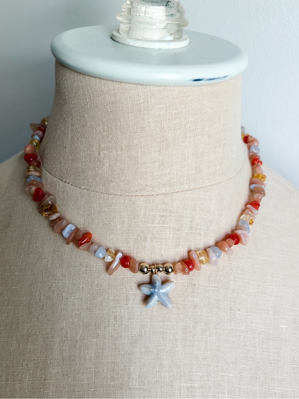 N4 Handmade Sunstone Beachy Beaded Neckace With Starfish Pendant